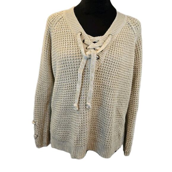 Oatmeal Beige Lace Up Pullover Sweater MED Boho Hippie 1960s Retro Chunky Knit - Picture 2 of 8